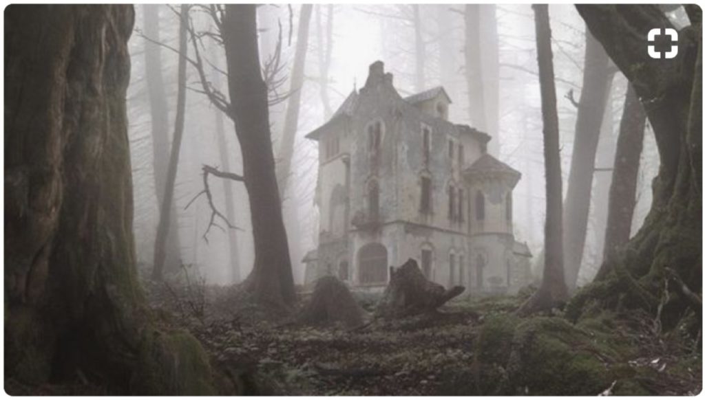 a dilapidated house in a misty forest setting