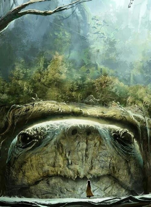 An illustration of a giant turtle with jungle-like plant life on his shell, look down on a small girl at the edge of the water.